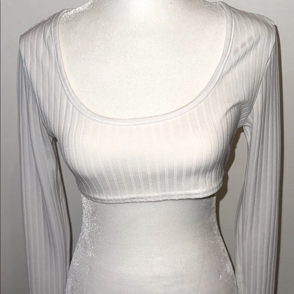 White Ribbed Long Sleeve Crop Top